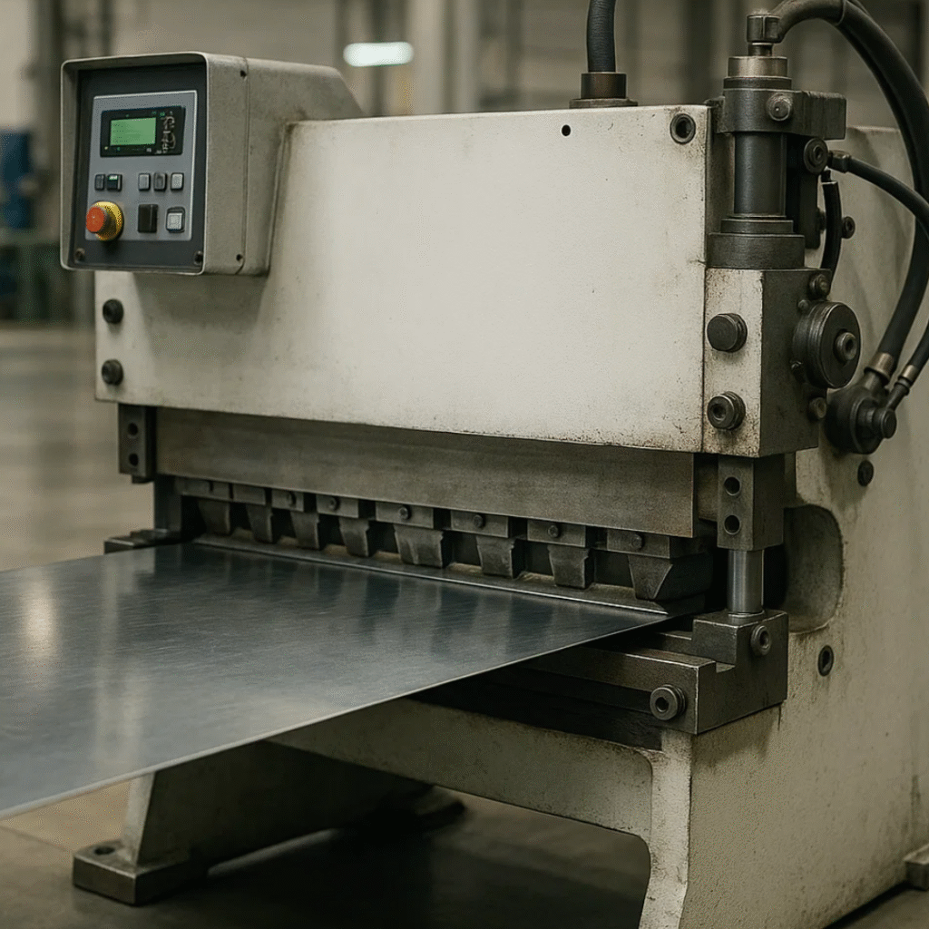 Maquina guilhotina mostrando cortando chapa metalica